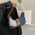 Brown denim women's shoulder bag with diamond mesh overlay and chain detailing