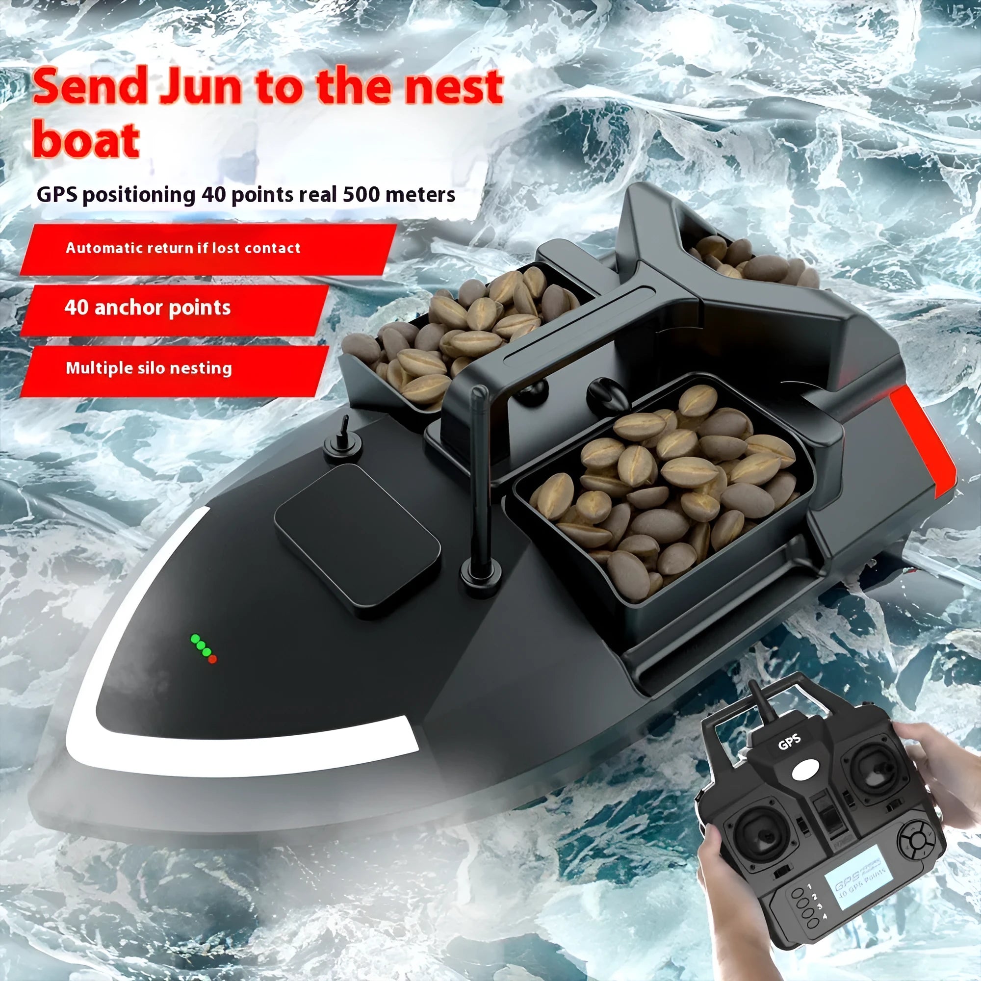 Black and luminous yellow remote control fishing boat with GPS antenna and LED light on bow.