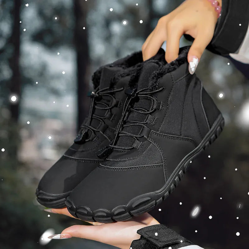 Unisex waterproof snow boots with fleece lining and a black rubber sole on a snowy background.