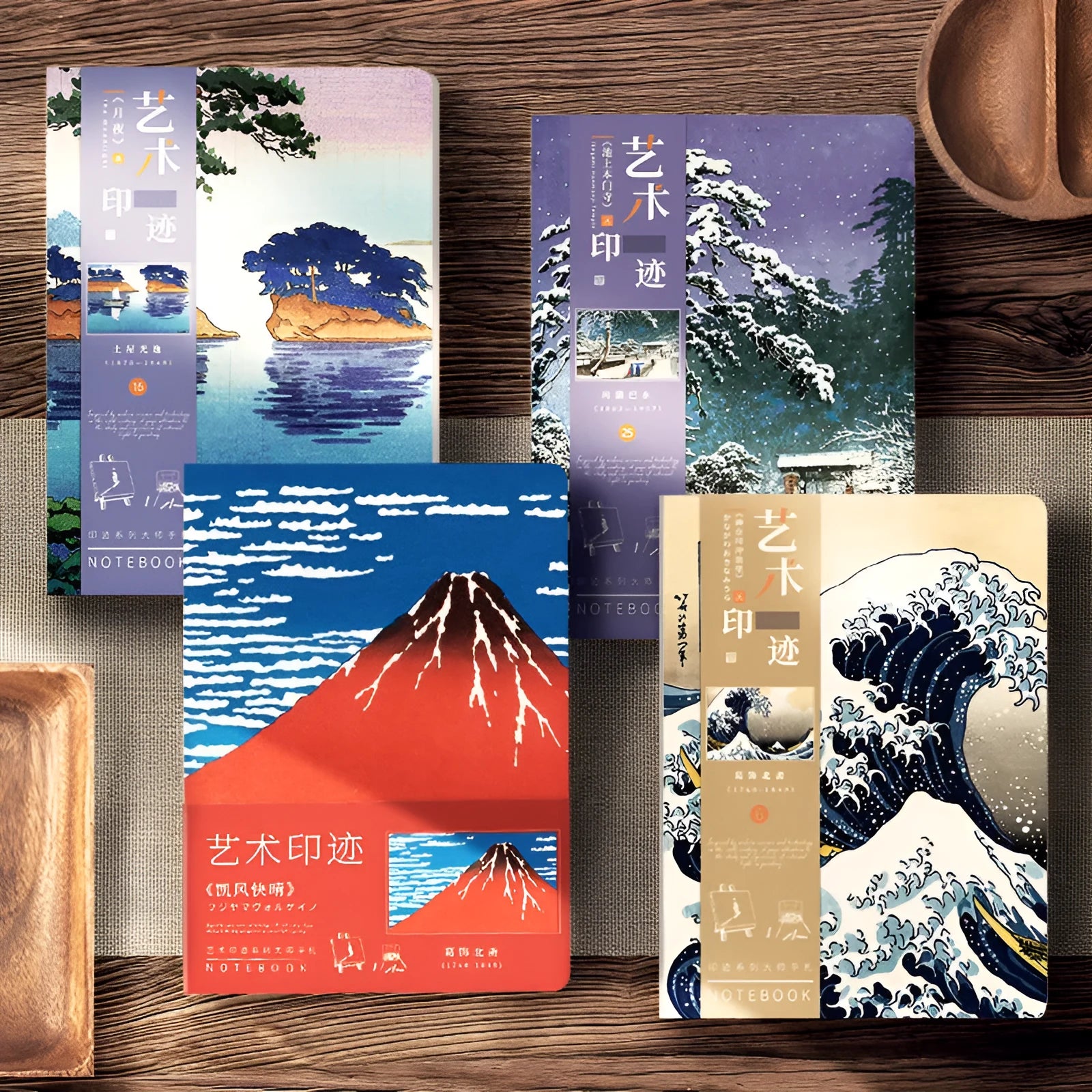 Ukiyo-e Kanagawa surfing village retro hand ledger notebook open on a desk.