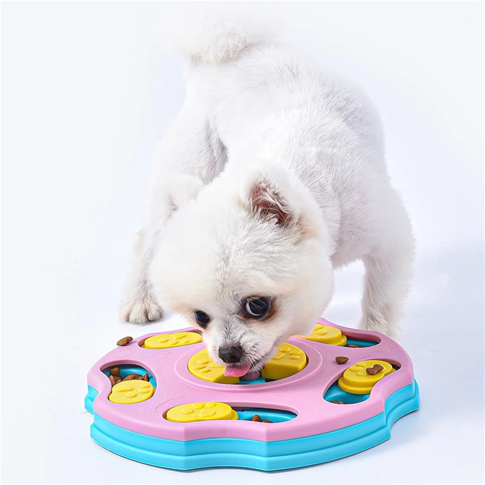 Blue interactive dog puzzle toy bowl with food compartments for slow feeding and brain games.