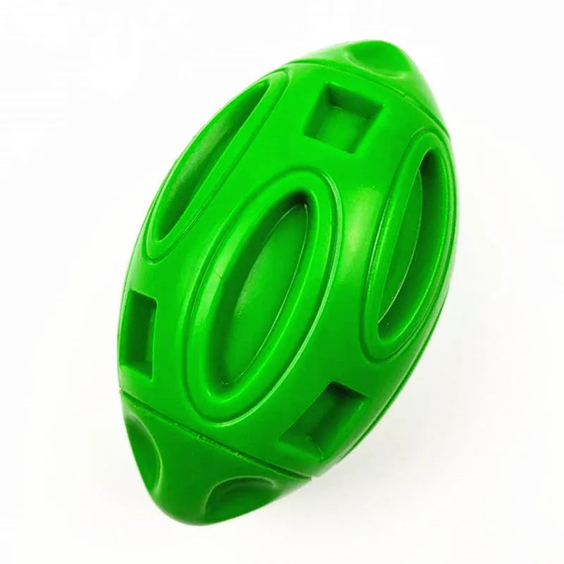 Natural rubber squeaky dog chew ball for medium and large breed aggressive chewers in blue, green, and orange colours