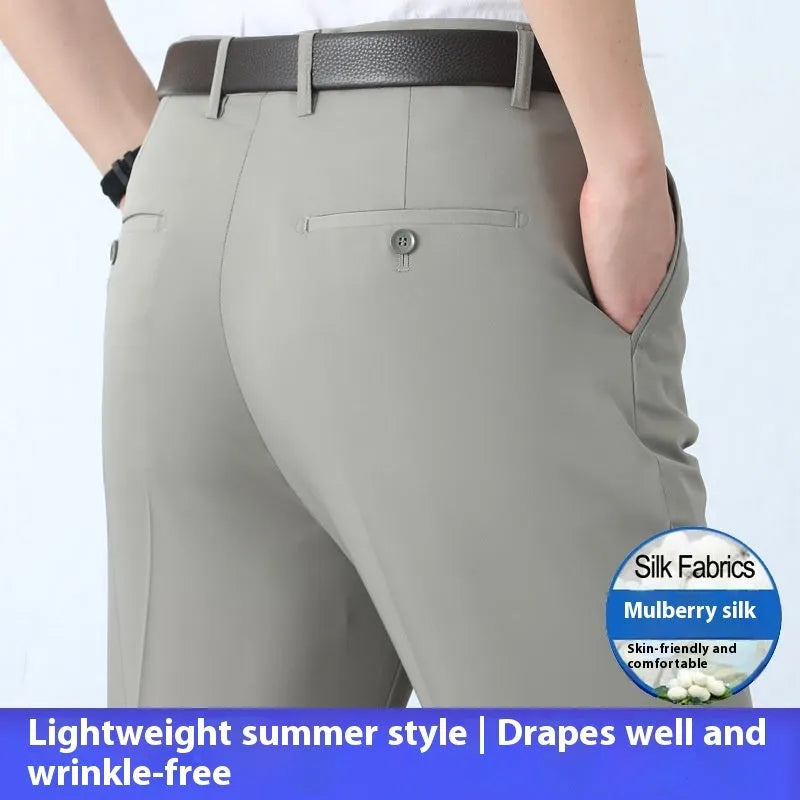 Men's straight cut high waist business trousers in mulberry silk blend fabric