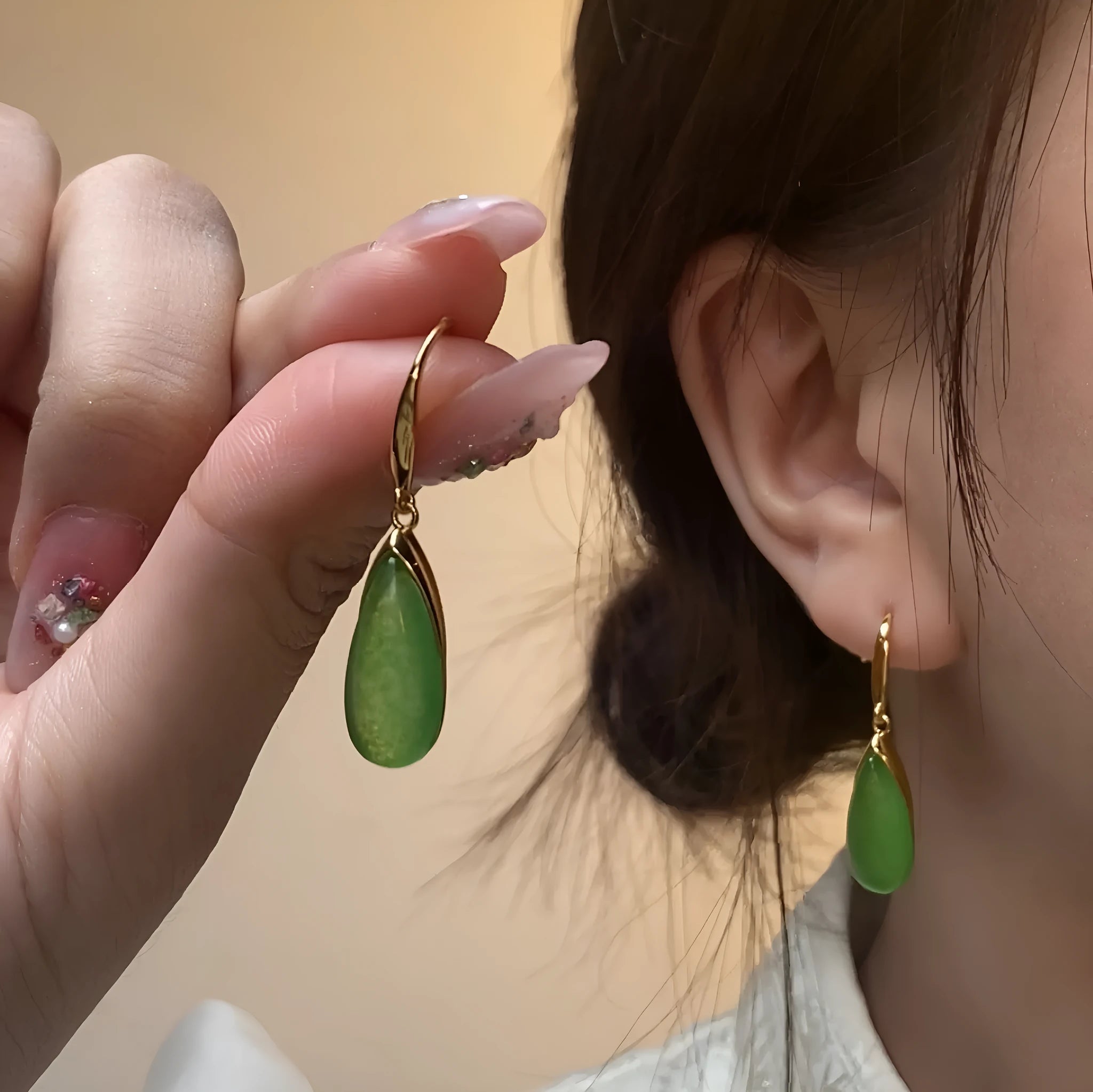 Geometric Chinese style copper earrings with electroplated CP798 jade colour and water droplet design elements