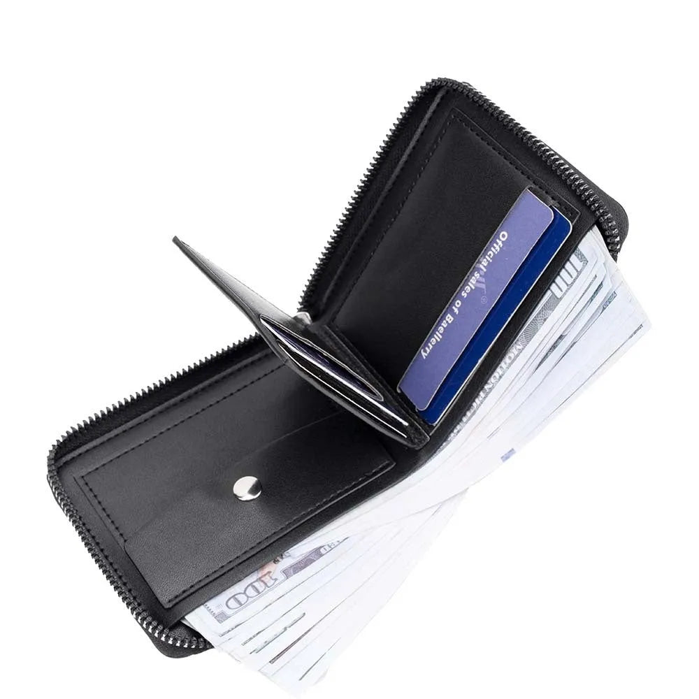 Leather anti-theft credit card zipper wallet with embossed pattern in black or brown colours