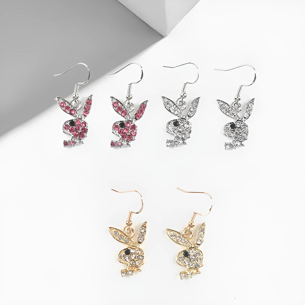 Alloy rabbit stud earrings with full diamond accents in silver, gold, and pink colour options