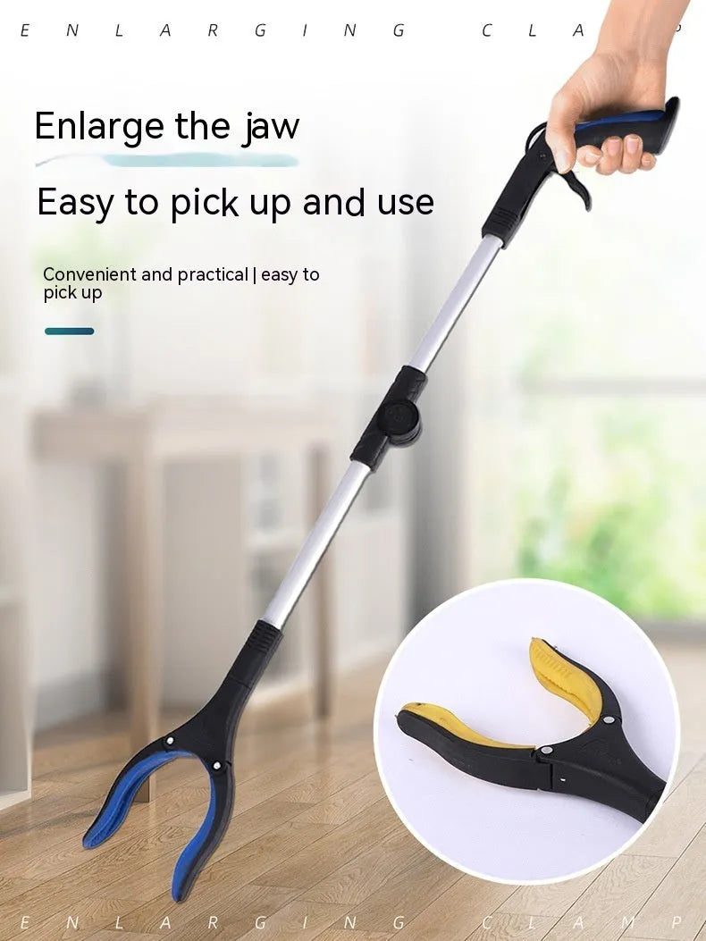 Foldable aluminium rubbish pick-up claw with blue handle, shown extended and with magnet sucker.