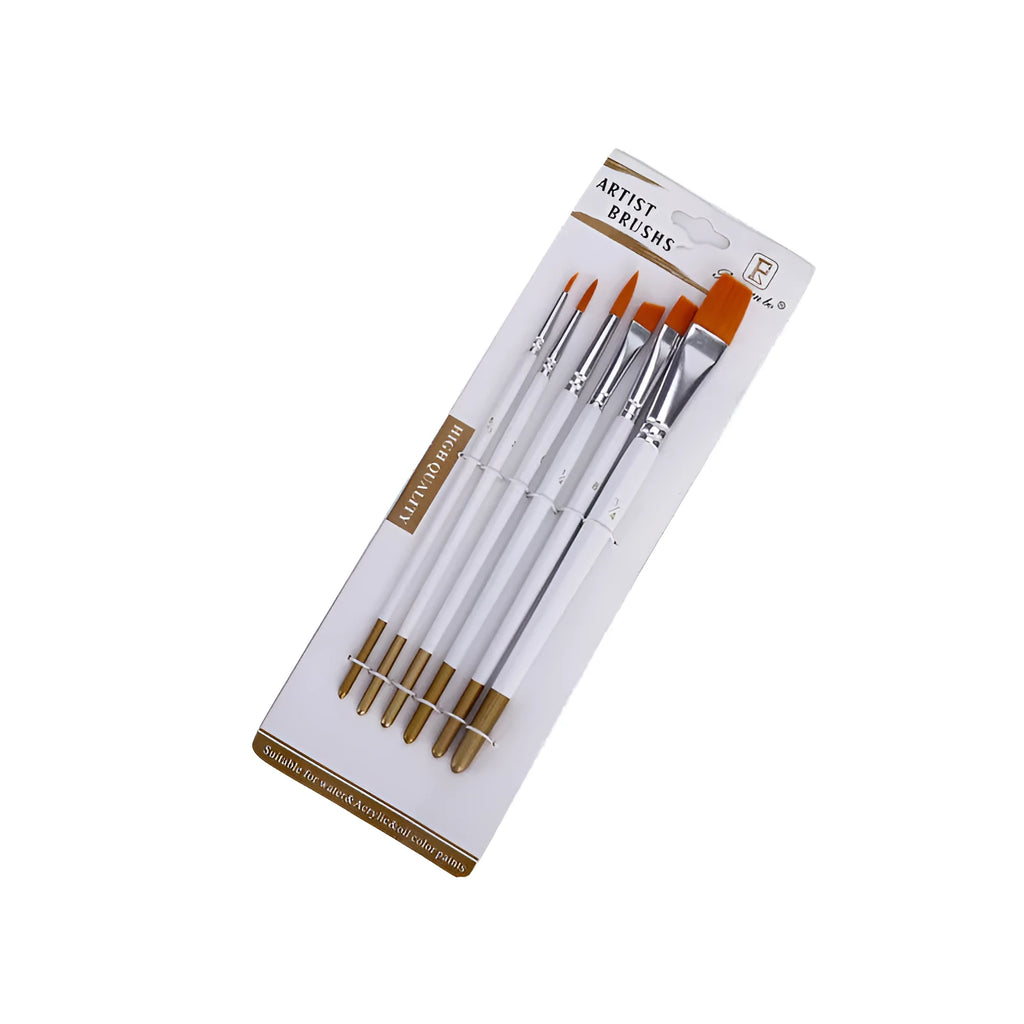 Set of six watercolour acrylic paint brushes with wooden handles and nylon bristles in sizes from 5/0 to 3/4