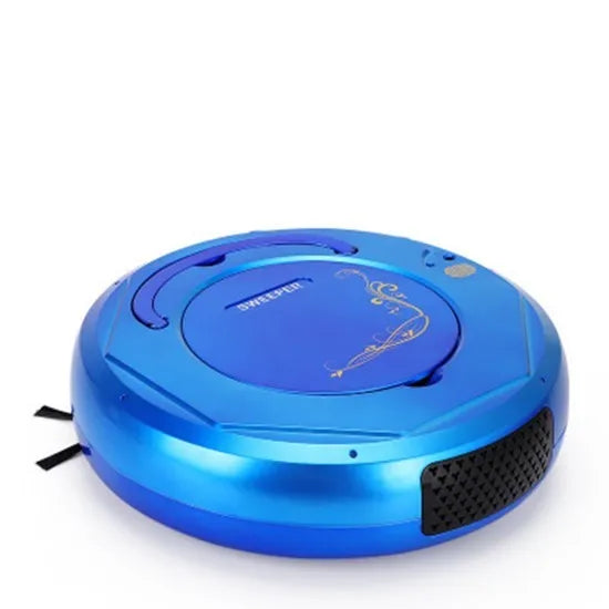 Blue robotic vacuum cleaner on hardwood floor with charging cable and cleaning accessories