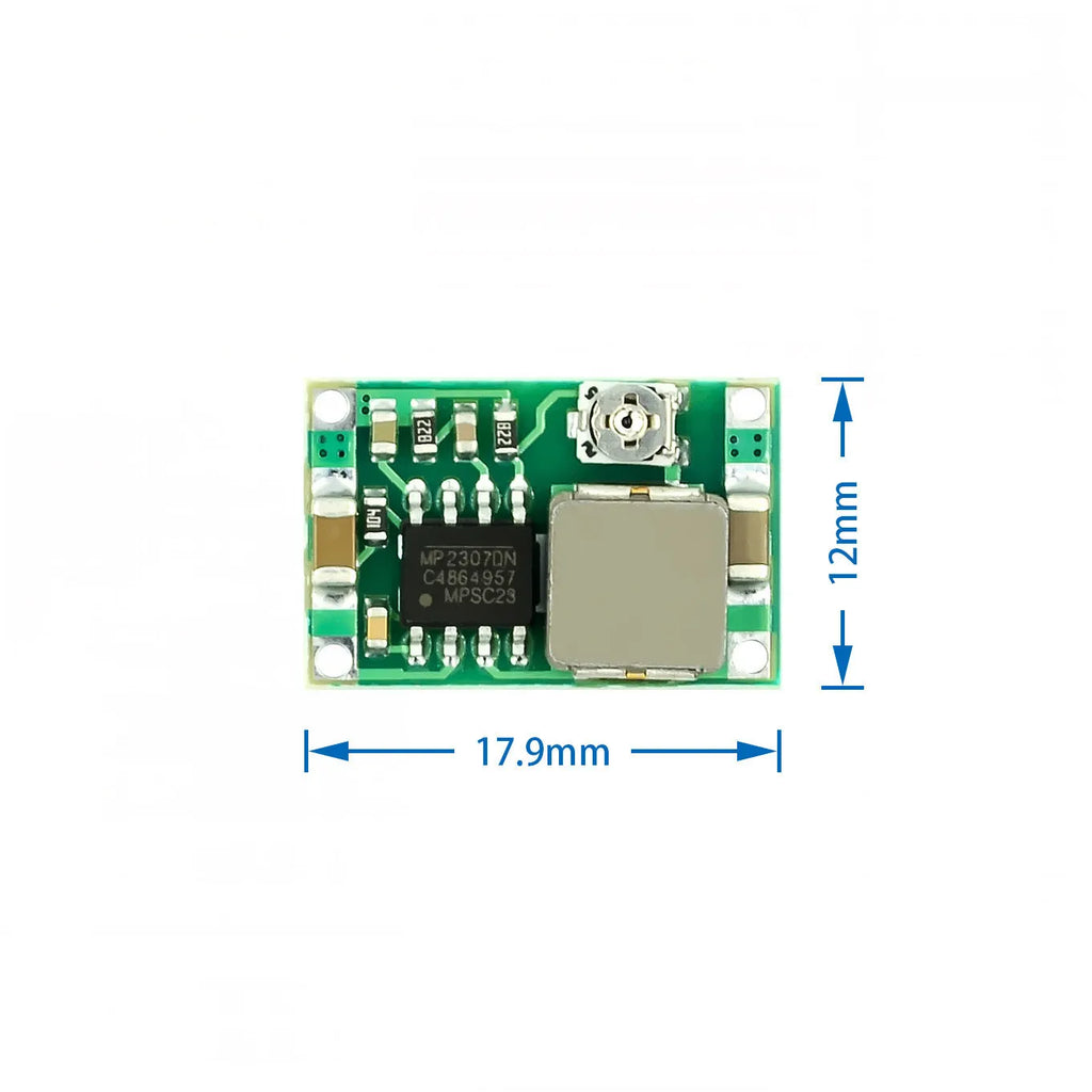 Mini 360 green DC-DC buck converter module measuring 17x11mm with voltage adjustment potentiometer