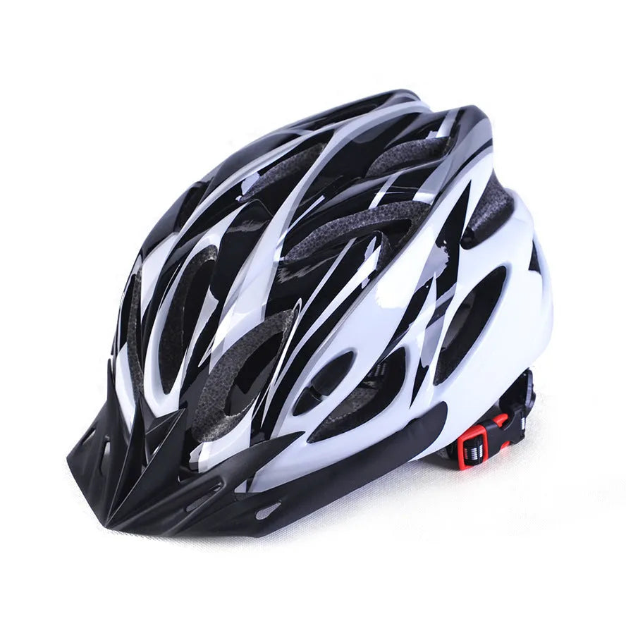 Bicycle helmet with 21 ventilation holes and adjustable fit, side view showing aerodynamic vents and chin strap