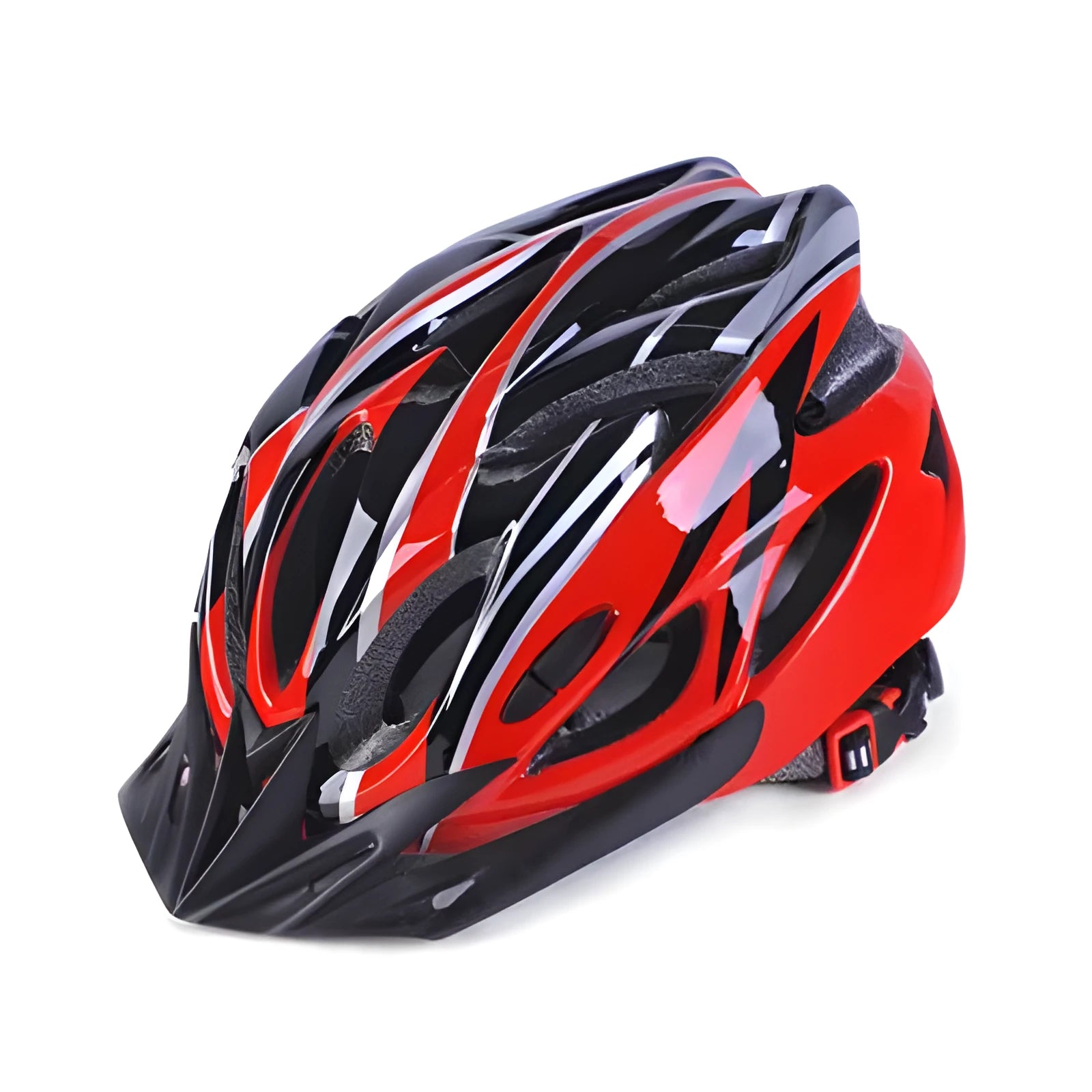 Bicycle helmet with 21 ventilation holes and adjustable fit, side view showing aerodynamic vents and chin strap