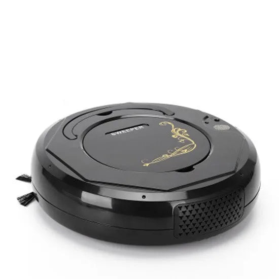 Blue robotic vacuum cleaner on hardwood floor with charging cable and cleaning accessories