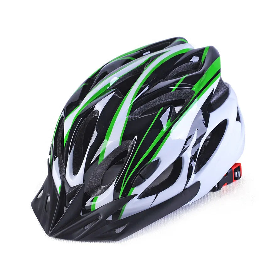 Bicycle helmet with 21 ventilation holes and adjustable fit, side view showing aerodynamic vents and chin strap