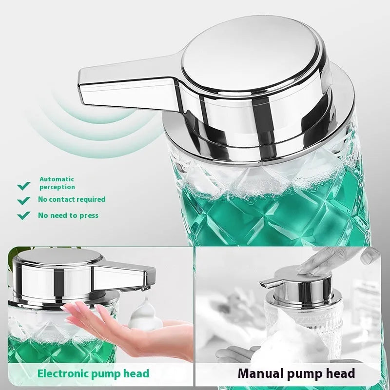 Silver automatic soap dispenser with USB Type-C charging port and sensor activation