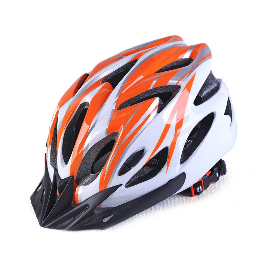 Bicycle helmet with 21 ventilation holes and adjustable fit, side view showing aerodynamic vents and chin strap