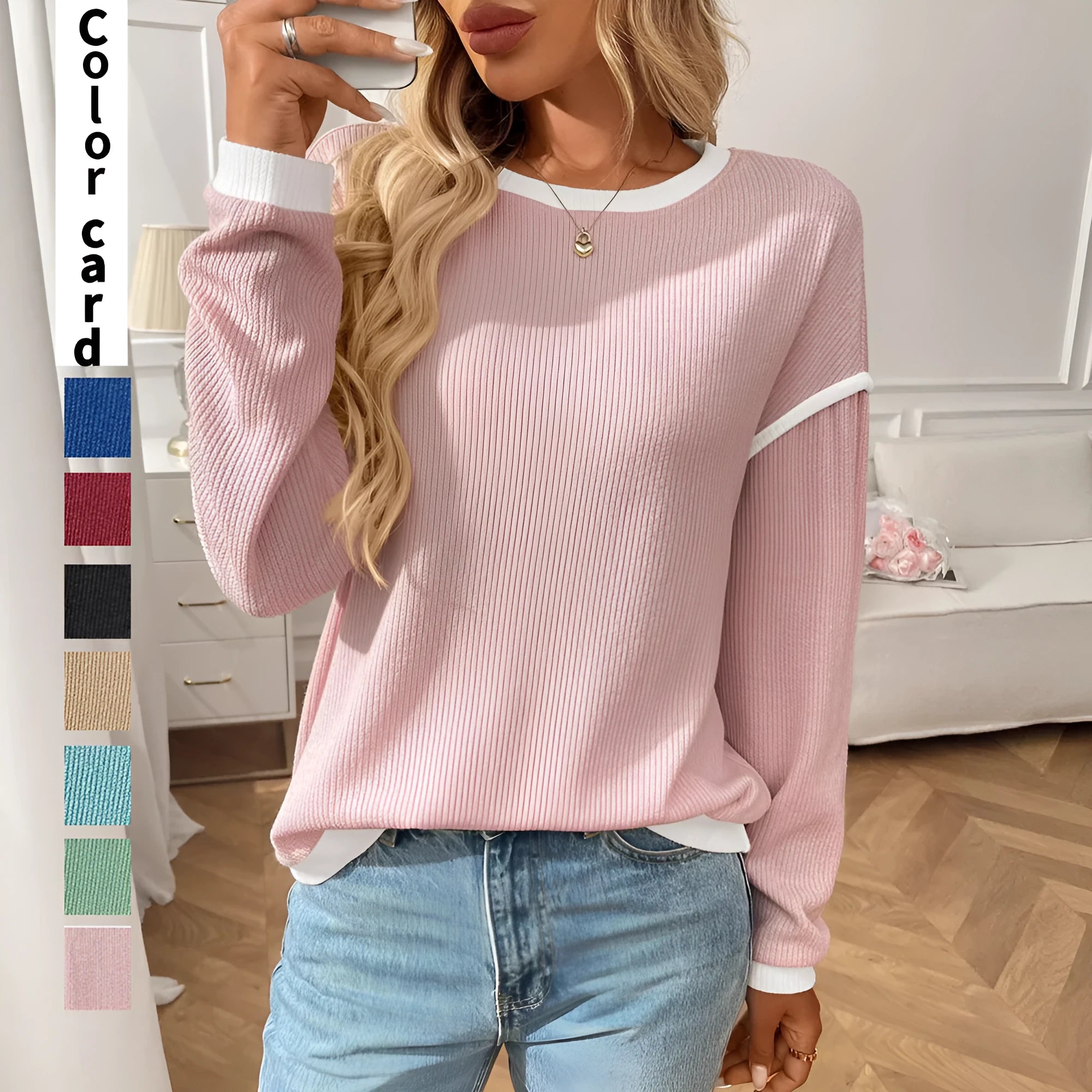 Women's loose round neck long sleeve polyester pullover top in light blue colour