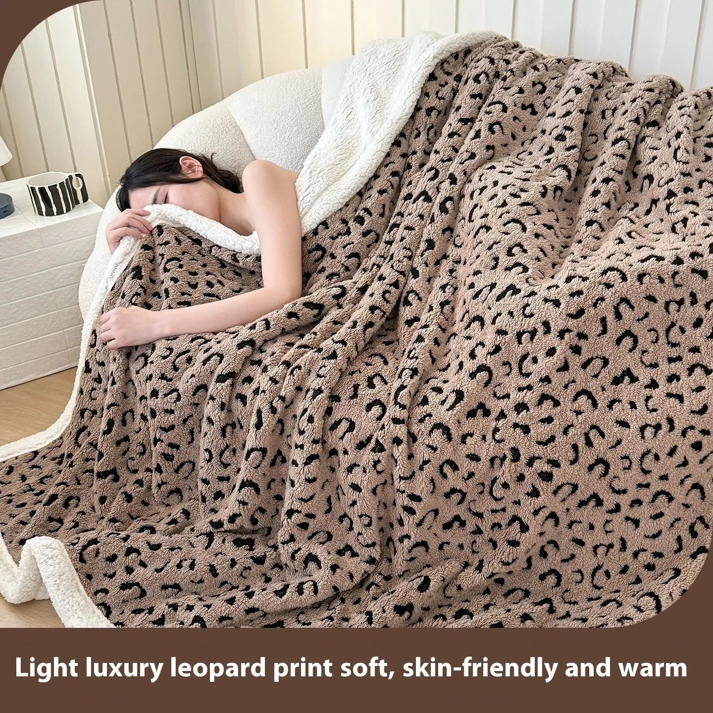 Double-layer cationic leopard jacquard taffeta blanket showing animal print pattern detail