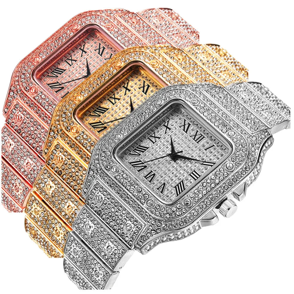 Roman numeral square dial quartz watch with black mesh band, bracelet and necklace set in gold tone
