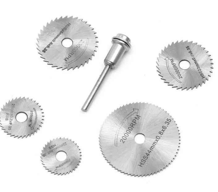 6 piece circular saw blade set with mandrel for rotary tools, high speed steel construction