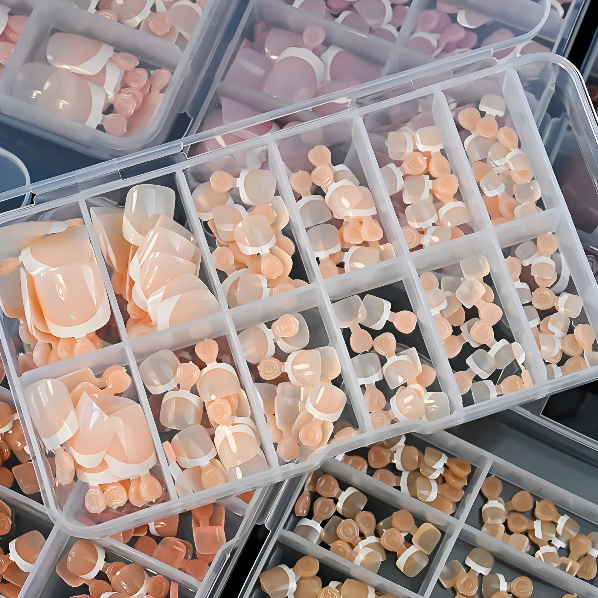 120 French white edge full square short nude nail pieces in a box, showing multiple shades.