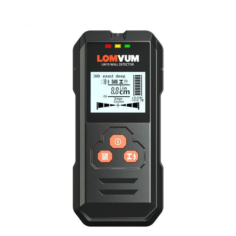 Multifunctional wall detector unit held against a plasterboard wall showing detection depth display