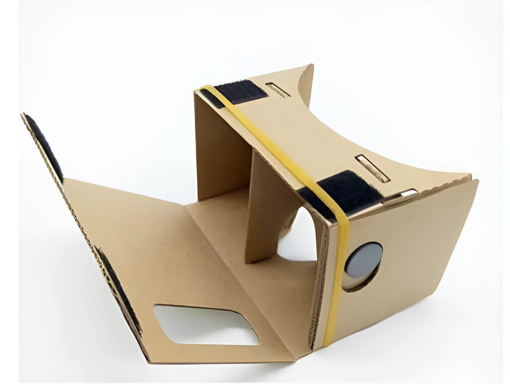 Pink cardboard VR glasses with 3D lenses and adjustable rubber band head strap for smartphones