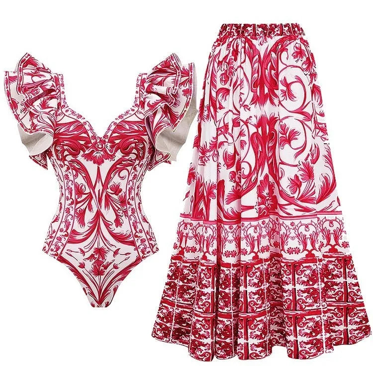 Women's printed one-piece swimsuit in rose pink, available in sizes S, M, L, XL.
