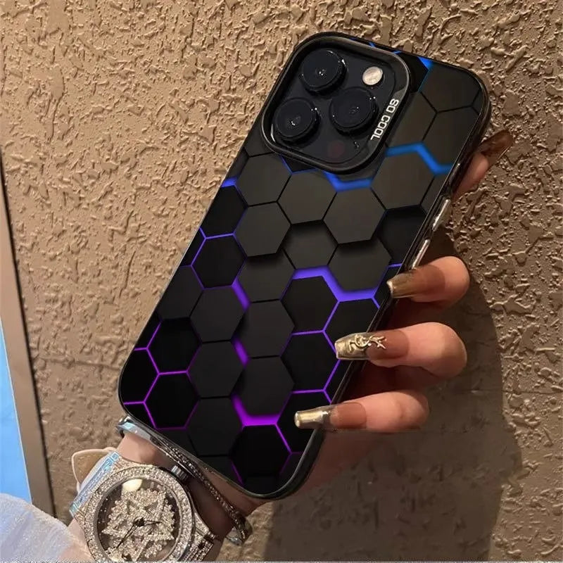 Frosted protective phone case for Apple iPhone with honeycomb texture in Moonlight Black colour.
