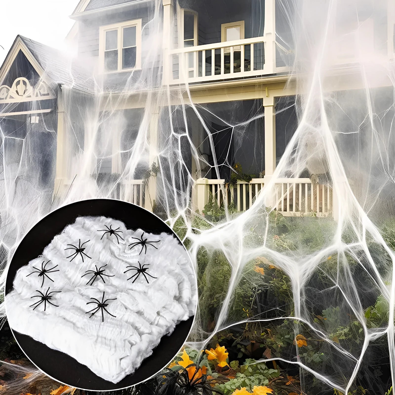 White cotton spider web Halloween decoration with plastic spiders for parties and home displays