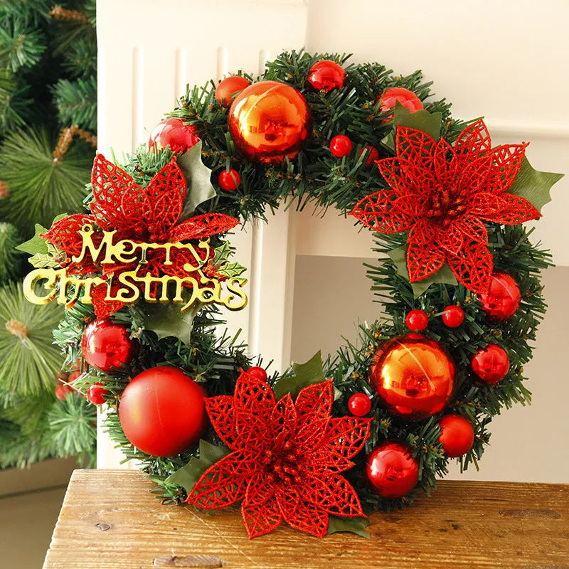 Multicolour plastic Christmas wreath with a 30cm diameter, shown in red against a door.