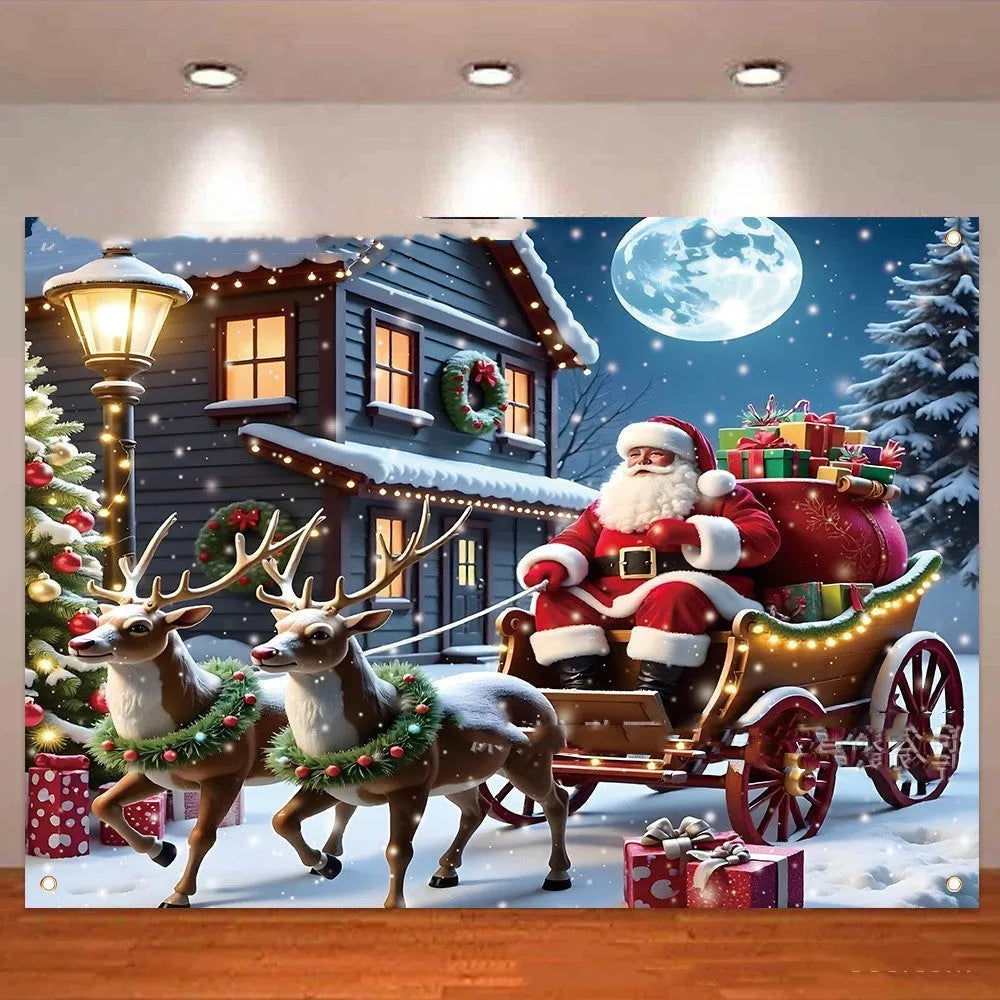 Red Christmas banner with Santa Claus design measuring 210 x 150 cm