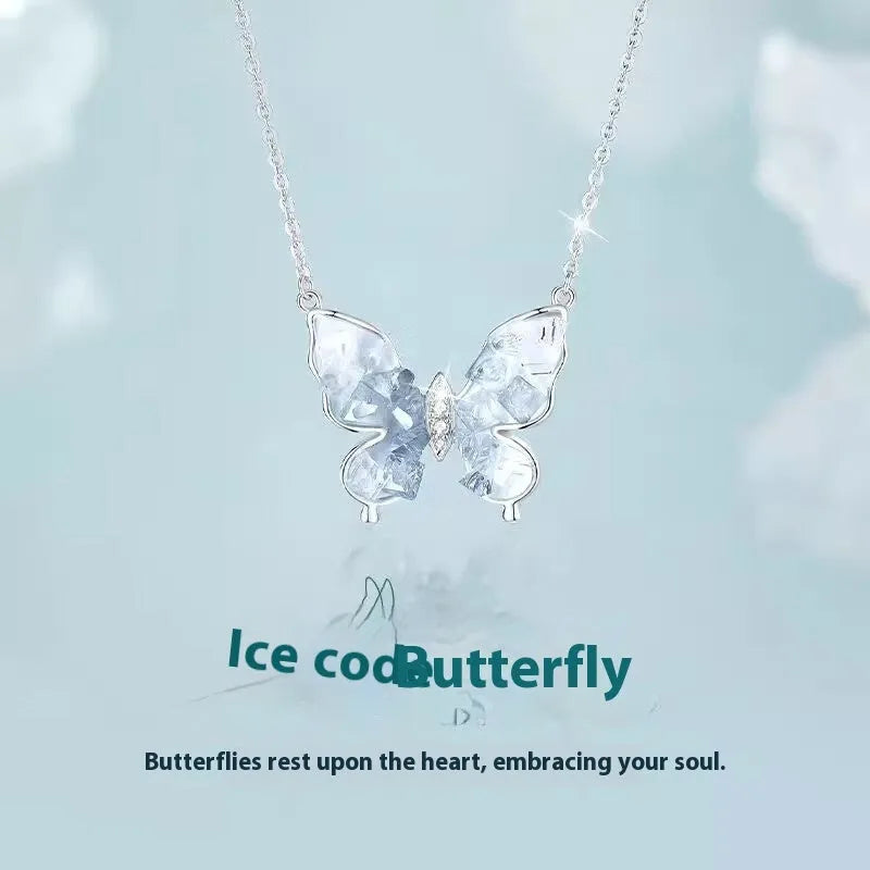 S925 silver butterfly necklace with ice rain pendant on an adjustable 41-50cm O-ring chain.