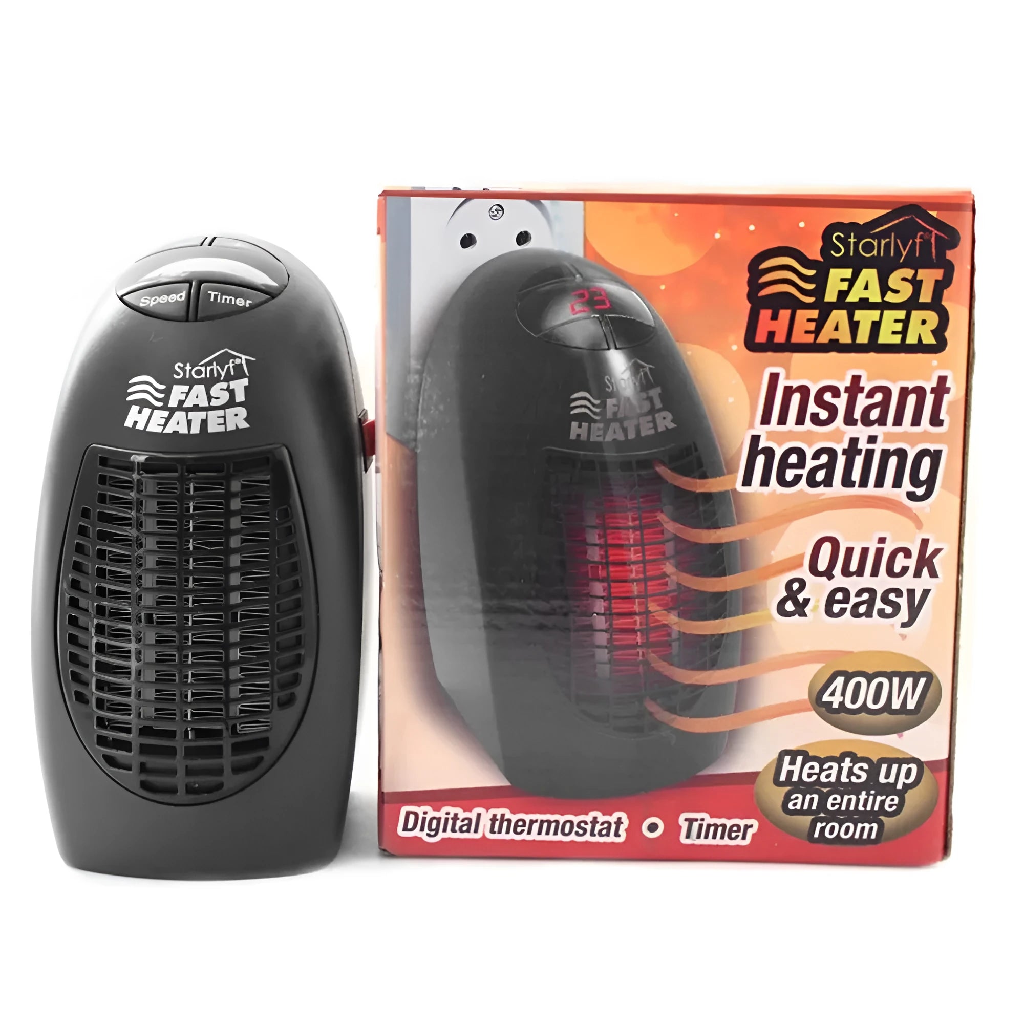 Black compact ceramic electric heater with digital display and rotating plug on a flat surface.