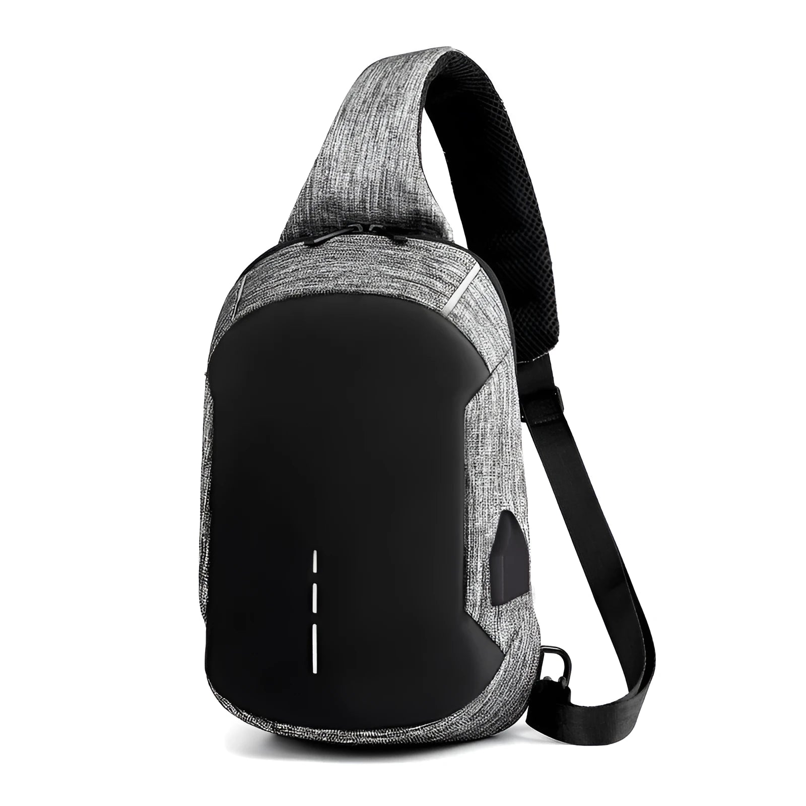 Small square dark blue Oxford cloth chest bag with a single strap and zipper, shown worn across the chest.
