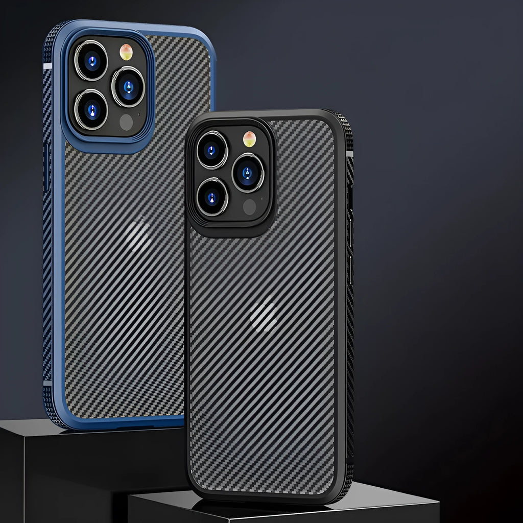 Black carbon fibre pattern anti-fall protective case for Apple iPhone 13 Pro mobile phone.