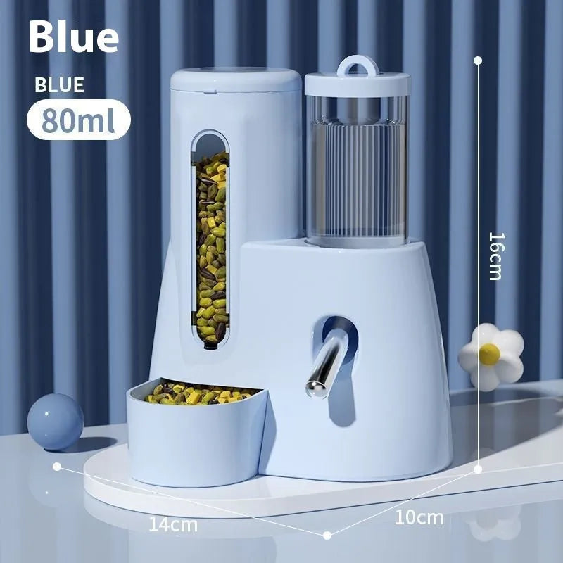 White automatic hamster drinking water feeder with integrated food basin on a stable base.