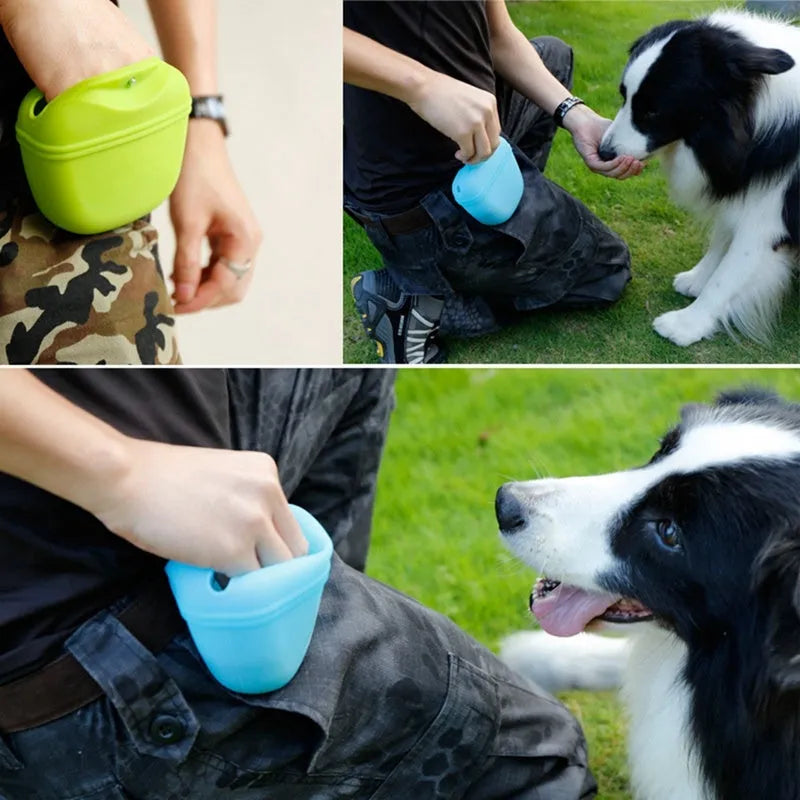 Silicone dog treat training pouch with clip and magnet closure in assorted colours