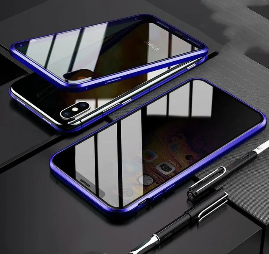 Glass anti-spy clamshell case for iPhone in multiple colours showing geometric pattern
