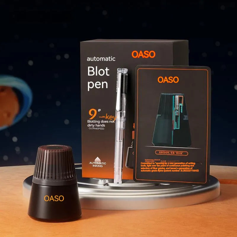 Automatic suction ink pen set with 40ml bottle, choice of 0.38mm or 0.5mm tips, and carry bag.