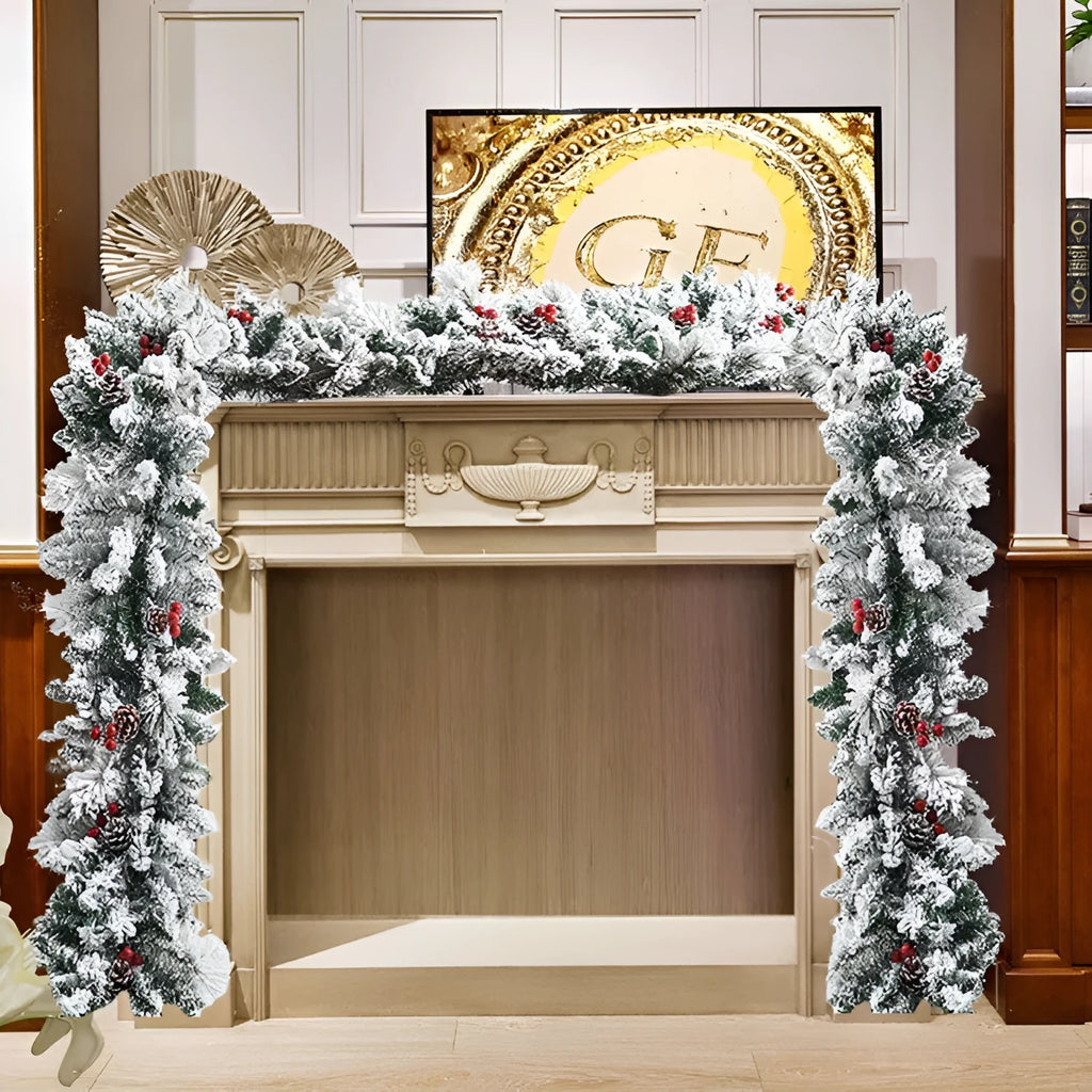 White flocked snow artificial Christmas rattan vine garland draped for decoration.