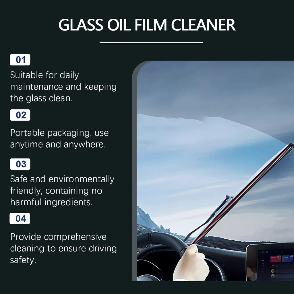 Glass oil film cleaner in 120ml bottle with white towel for oil removal cleaning