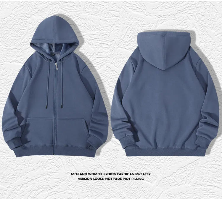 Men's plus size zipper hooded sweater in charcoal grey, showing front zipper and top stitching pockets