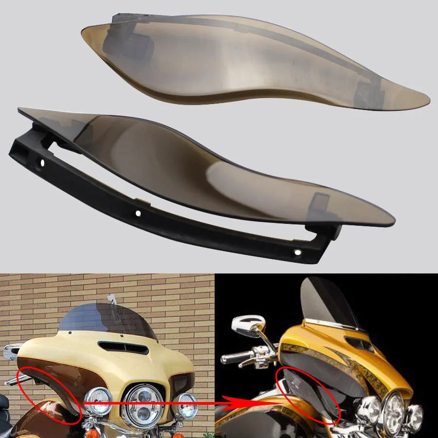Pair of smoked ABS plastic windshield side wings for a Harley three-wheel glide motorcycle.