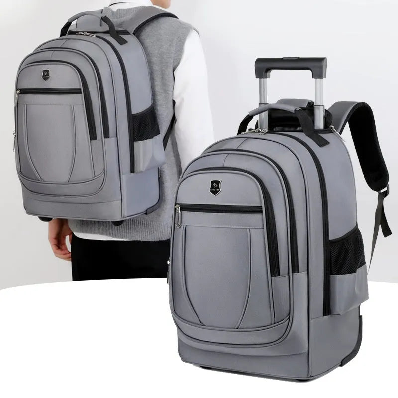 Large capacity drawbar Oxford cloth backpack in gray with air pillow belt system for travel