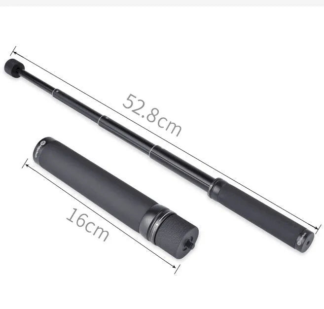 Black retractable lengthened selfie stick extended as a hand-held stabiliser
