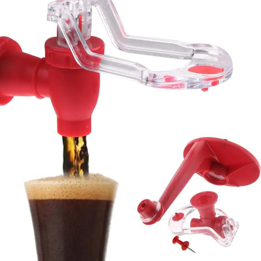 Red plastic Magic Tap soda bottle dispenser attached to a 2-litre bottle