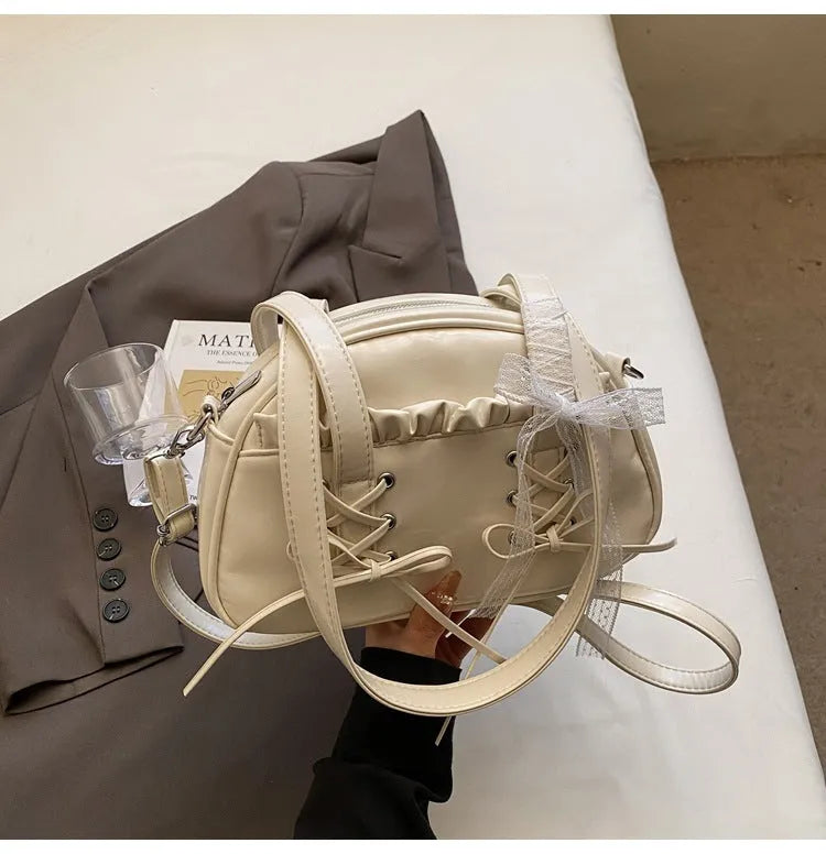 Casual ladies shoulder handbag with bandage bow detail and mobile phone pocket in PU leather