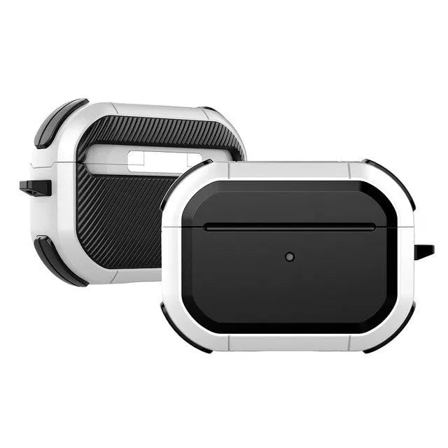 Black protective hard shell case for Apple AirPods Pro and AirPods 1/2 on a white background.