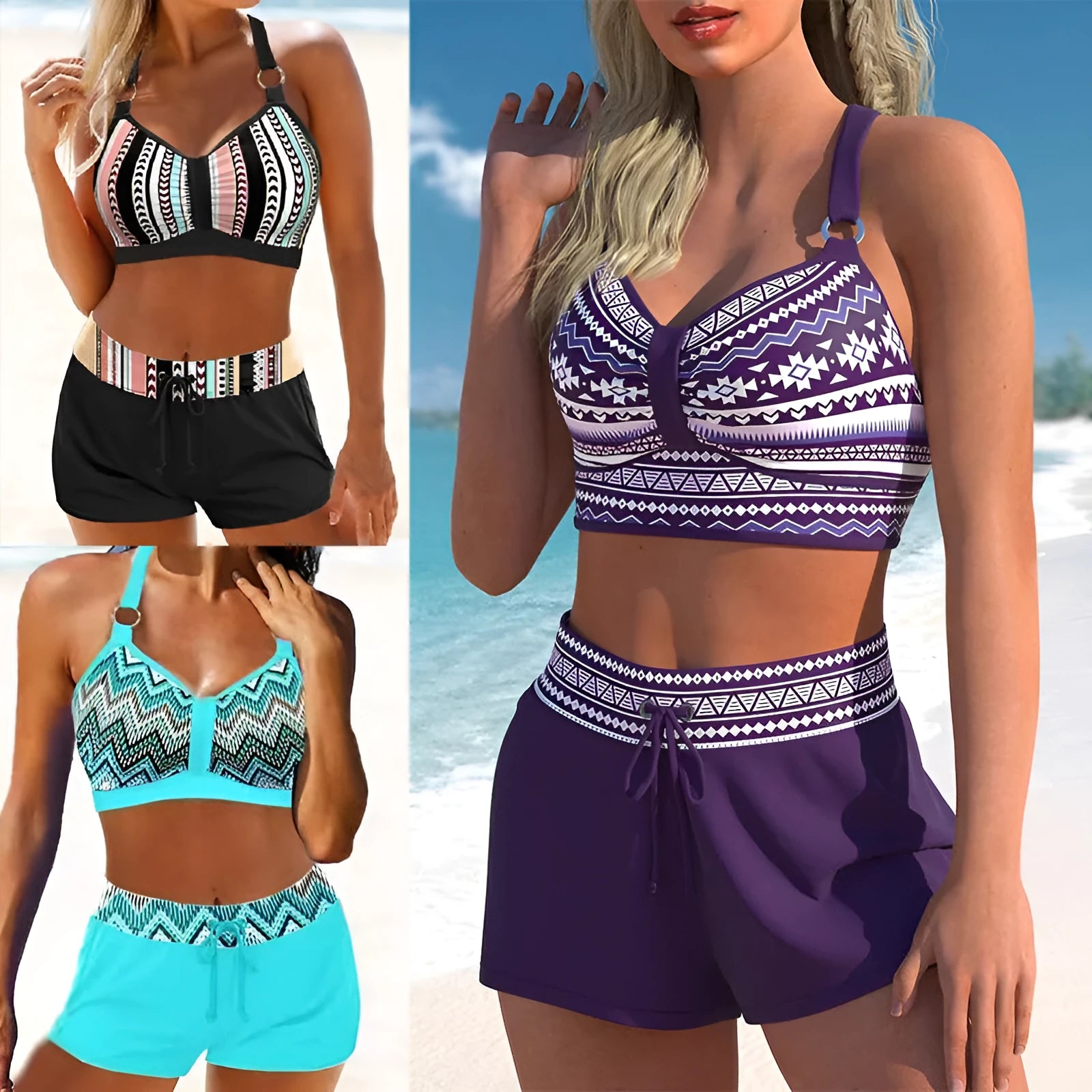 Women's navy blue and printed polyester two-piece bikini set for hot spring use
